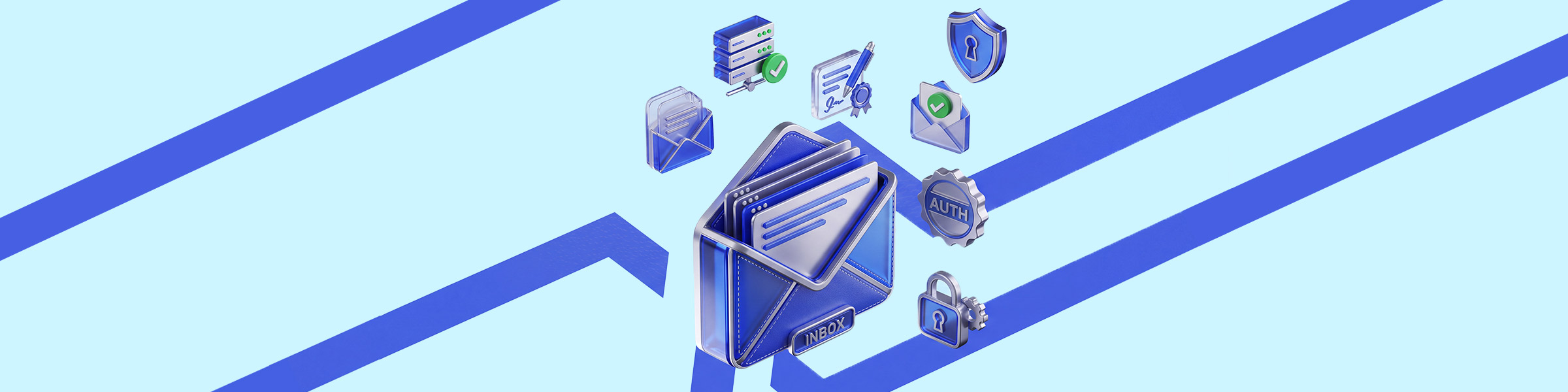 floating development icons for SPF, DKIM and DMARC authentication symbols